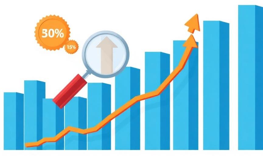 Candlestick chart with rising trends, percentage badges, and magnifying glass