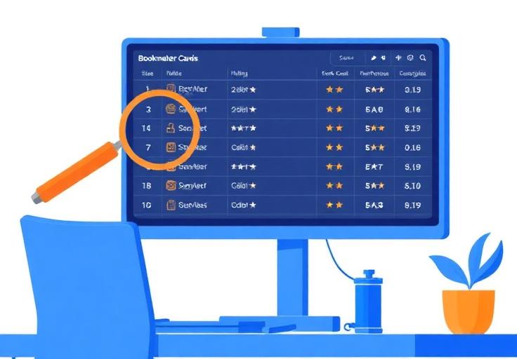 Illustration of a person browsing bookmaker listings on a monitor with magnifying glass